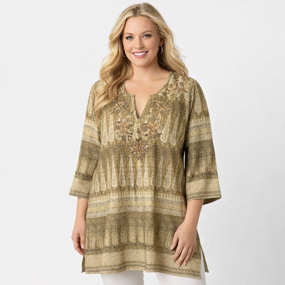 Soft Surroundings Beaded Boho Linen Blend Tunic Top 3/4 Sleeve Size Large